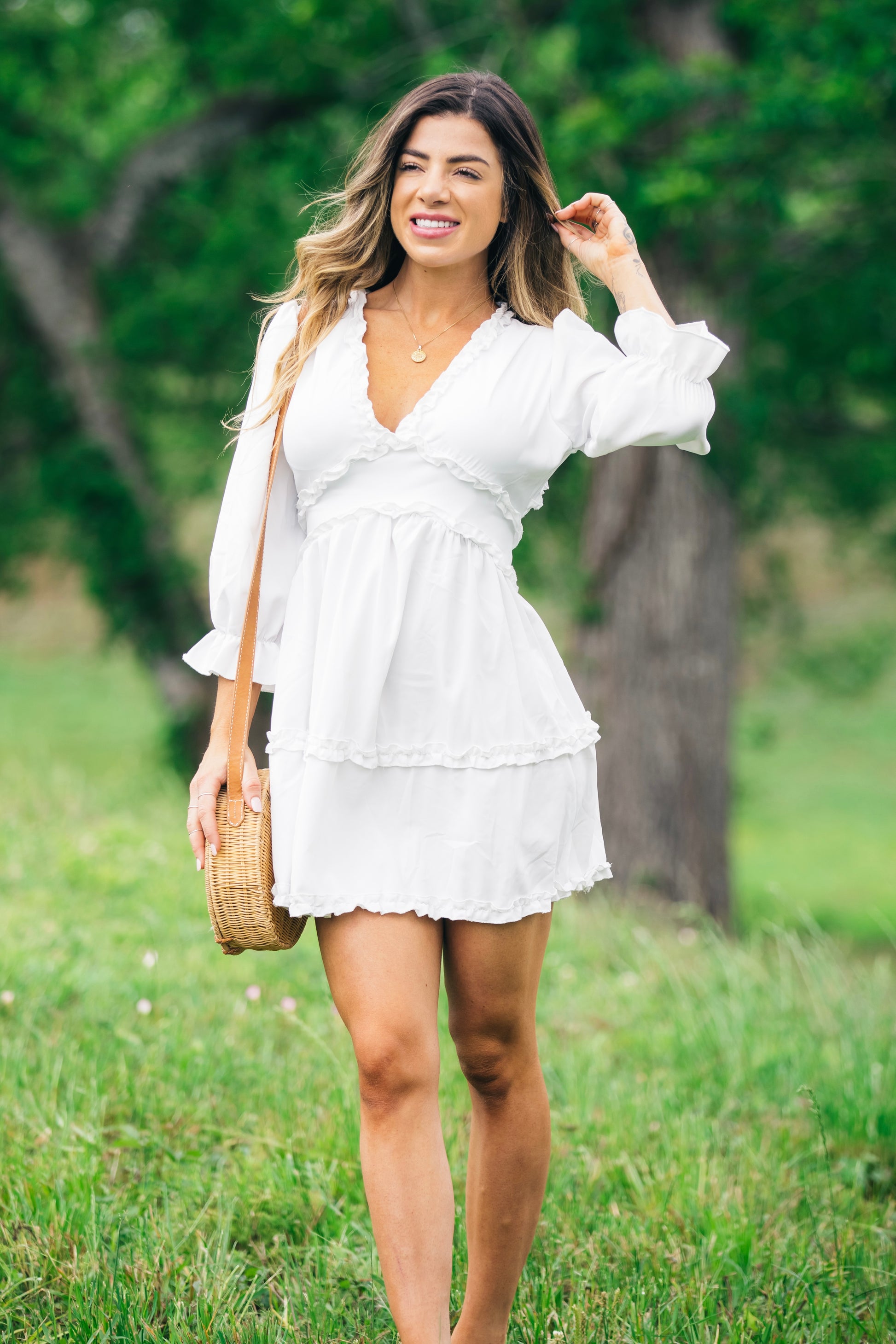 Flowy Open Back Mini Dress | White Flowy Open Back Mini Dress | White